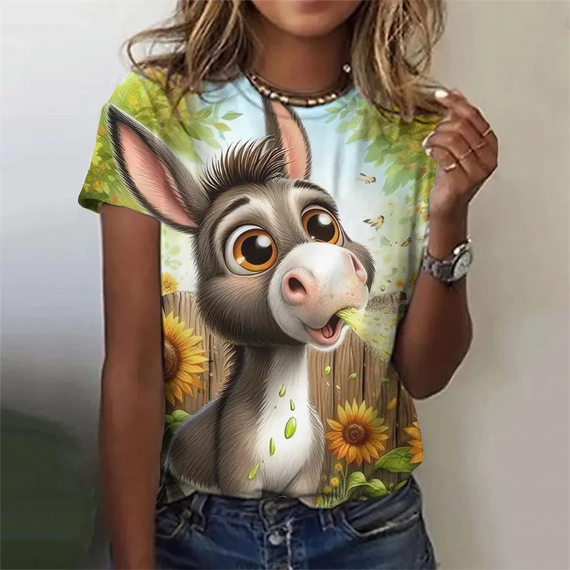 Cute Cow Donkey Pattern T-Shirt For Women Flower Animals 3D Printed T Shirts Summer Fashion Street Tees O-Neck Tops Short Sleeve
