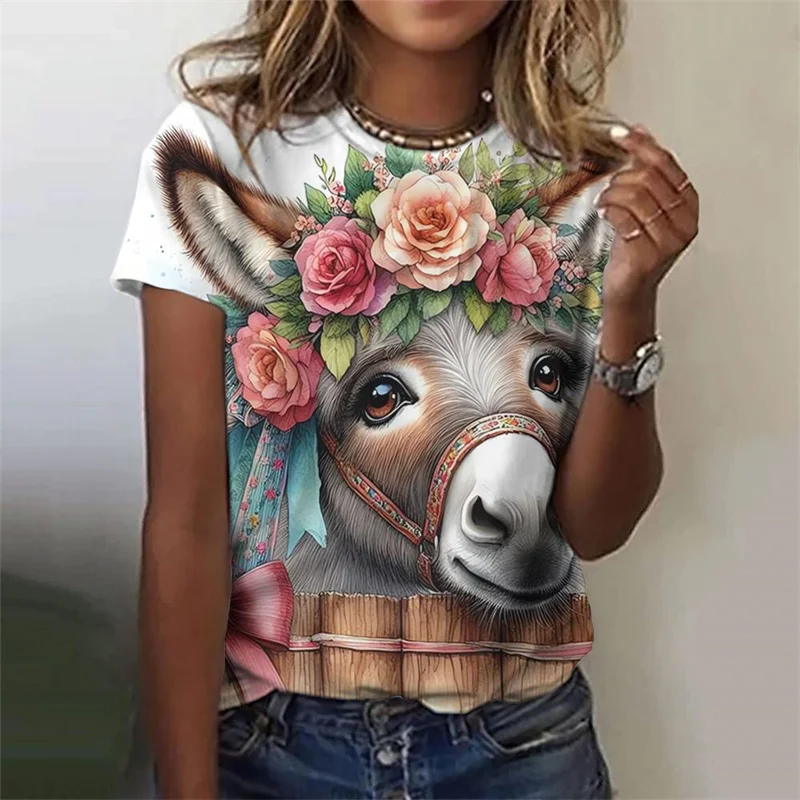 Cute Cow Donkey Pattern T-Shirt For Women Flower Animals 3D Printed T Shirts Summer Fashion Street Tees O-Neck Tops Short Sleeve