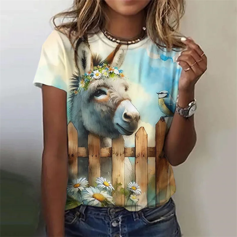 Cute Cow Donkey Pattern T-Shirt For Women Flower Animals 3D Printed T Shirts Summer Fashion Street Tees O-Neck Tops Short Sleeve