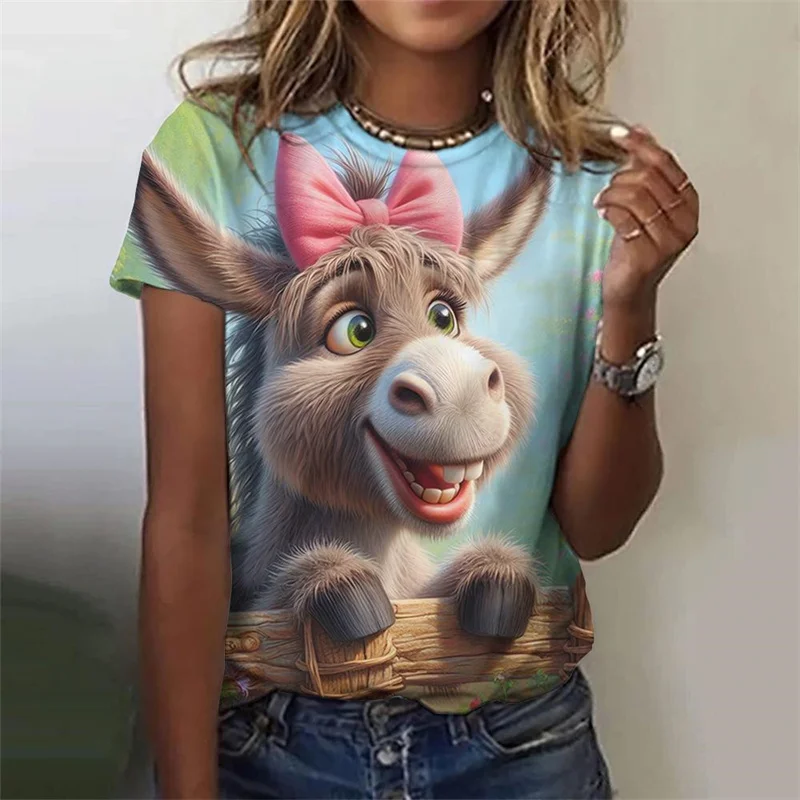Cute Cow Donkey Pattern T-Shirt For Women Flower Animals 3D Printed T Shirts Summer Fashion Street Tees O-Neck Tops Short Sleeve