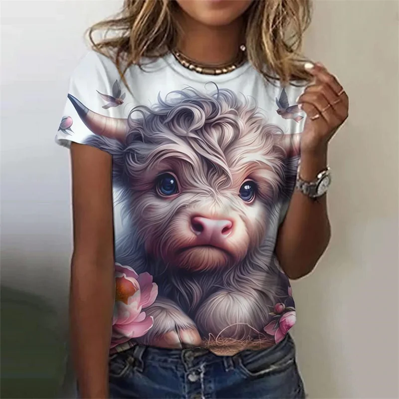 Cute Cow Donkey Pattern T-Shirt For Women Flower Animals 3D Printed T Shirts Summer Fashion Street Tees O-Neck Tops Short Sleeve
