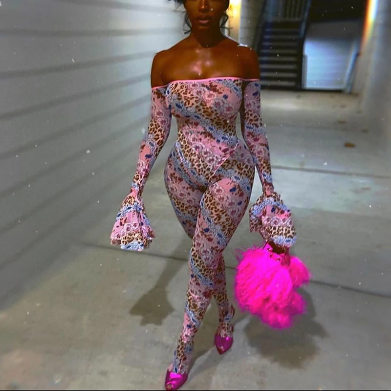 Women Sexy See-through Slash Neck Flared Sleeve Nightclub Outfits Overalls 2025 Hipster High Waist Floral&Leopard Print Jumpsuit