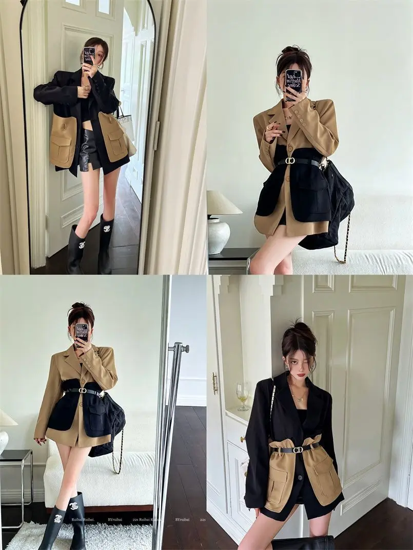 Original Design Blazer Women Fashion New Loose Spliced Pocket Korean Shrug Notched Single Breasted Blazer Mujer Femal with Belt