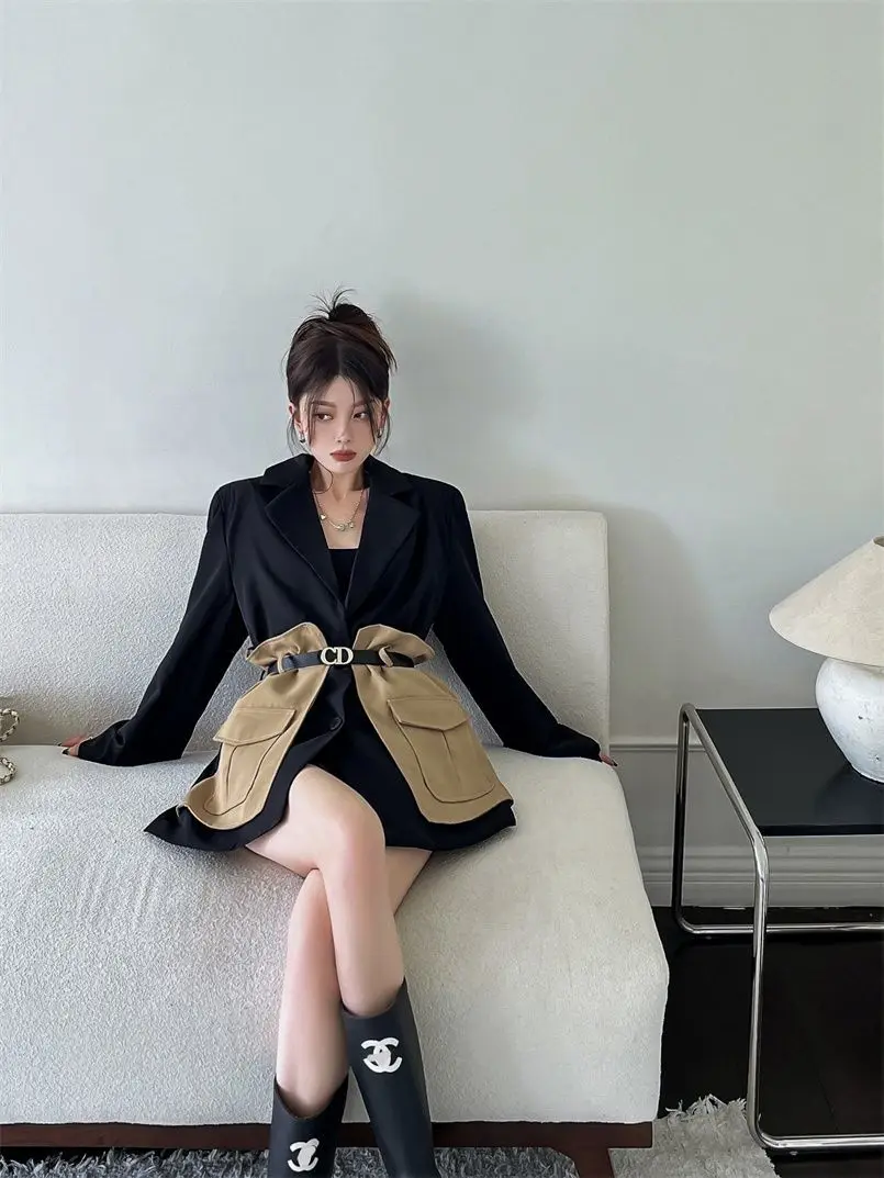 Original Design Blazer Women Fashion New Loose Spliced Pocket Korean Shrug Notched Single Breasted Blazer Mujer Femal with Belt