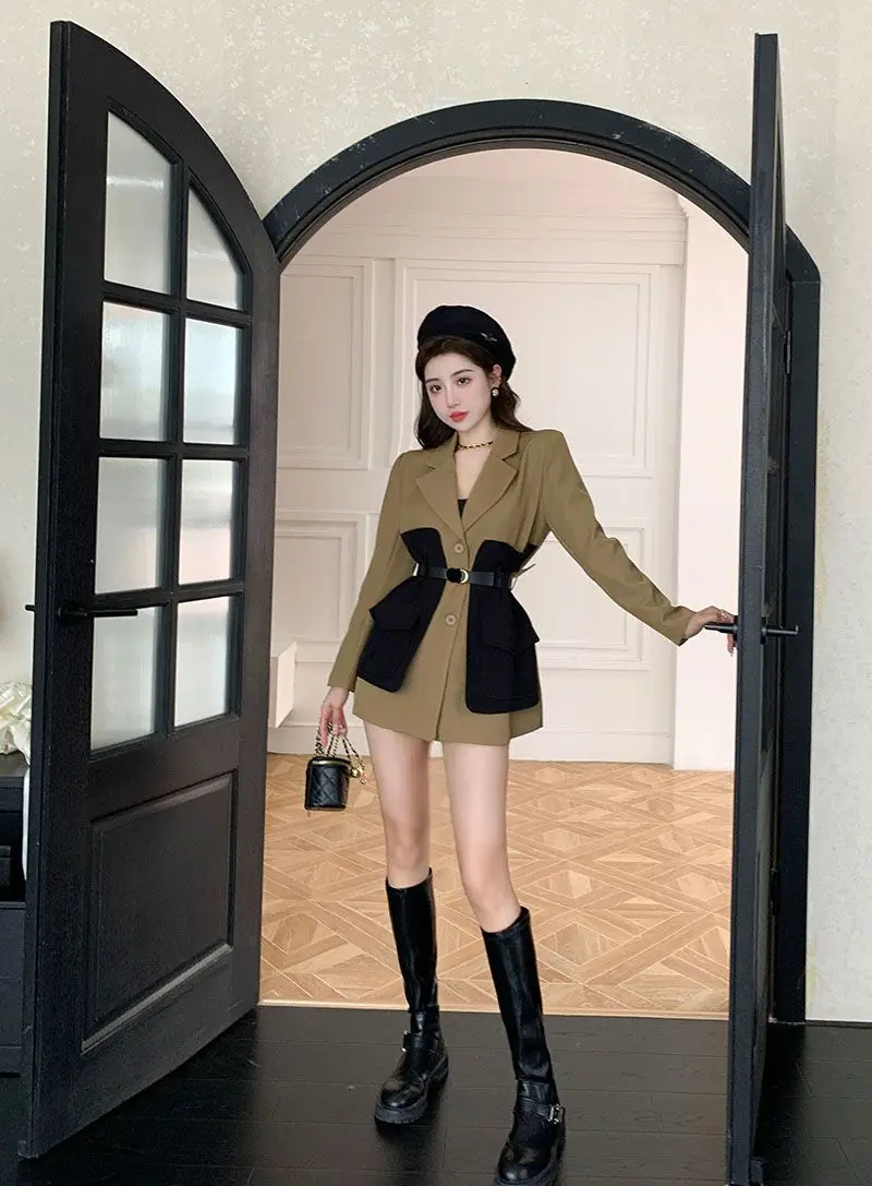 Original Design Blazer Women Fashion New Loose Spliced Pocket Korean Shrug Notched Single Breasted Blazer Mujer Femal with Belt