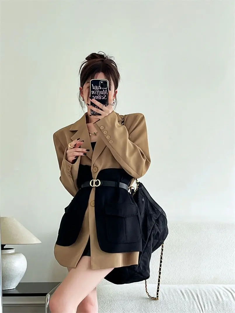 Original Design Blazer Women Fashion New Loose Spliced Pocket Korean Shrug Notched Single Breasted Blazer Mujer Femal with Belt