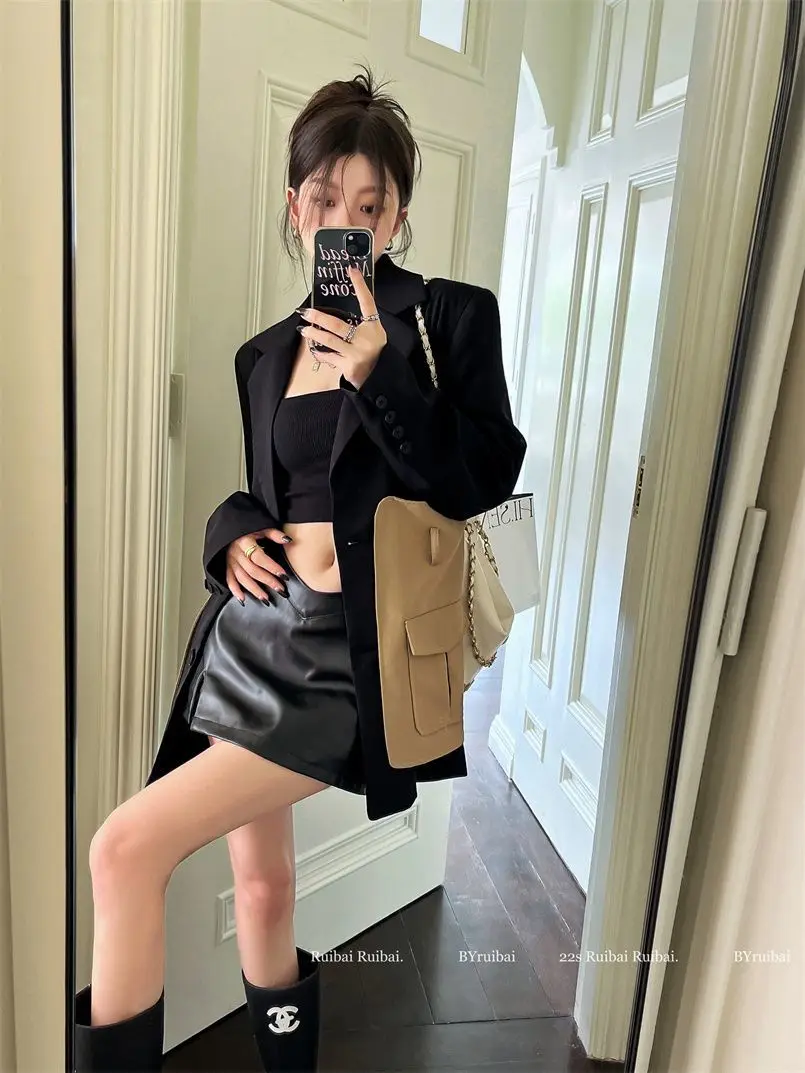 Original Design Blazer Women Fashion New Loose Spliced Pocket Korean Shrug Notched Single Breasted Blazer Mujer Femal with Belt
