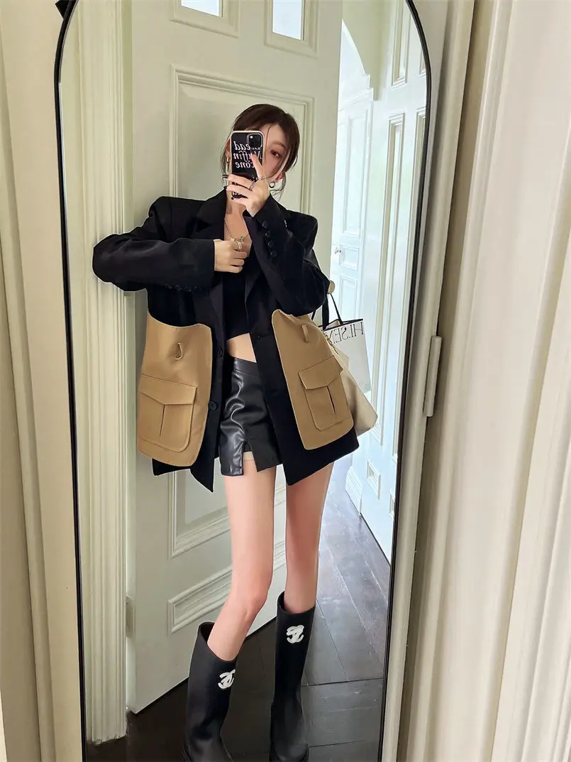 Original Design Blazer Women Fashion New Loose Spliced Pocket Korean Shrug Notched Single Breasted Blazer Mujer Femal with Belt