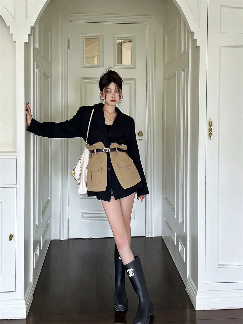 Original Design Blazer Women Fashion New Loose Spliced Pocket Korean Shrug Notched Single Breasted Blazer Mujer Femal with Belt