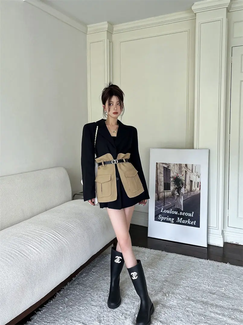 Original Design Blazer Women Fashion New Loose Spliced Pocket Korean Shrug Notched Single Breasted Blazer Mujer Femal with Belt