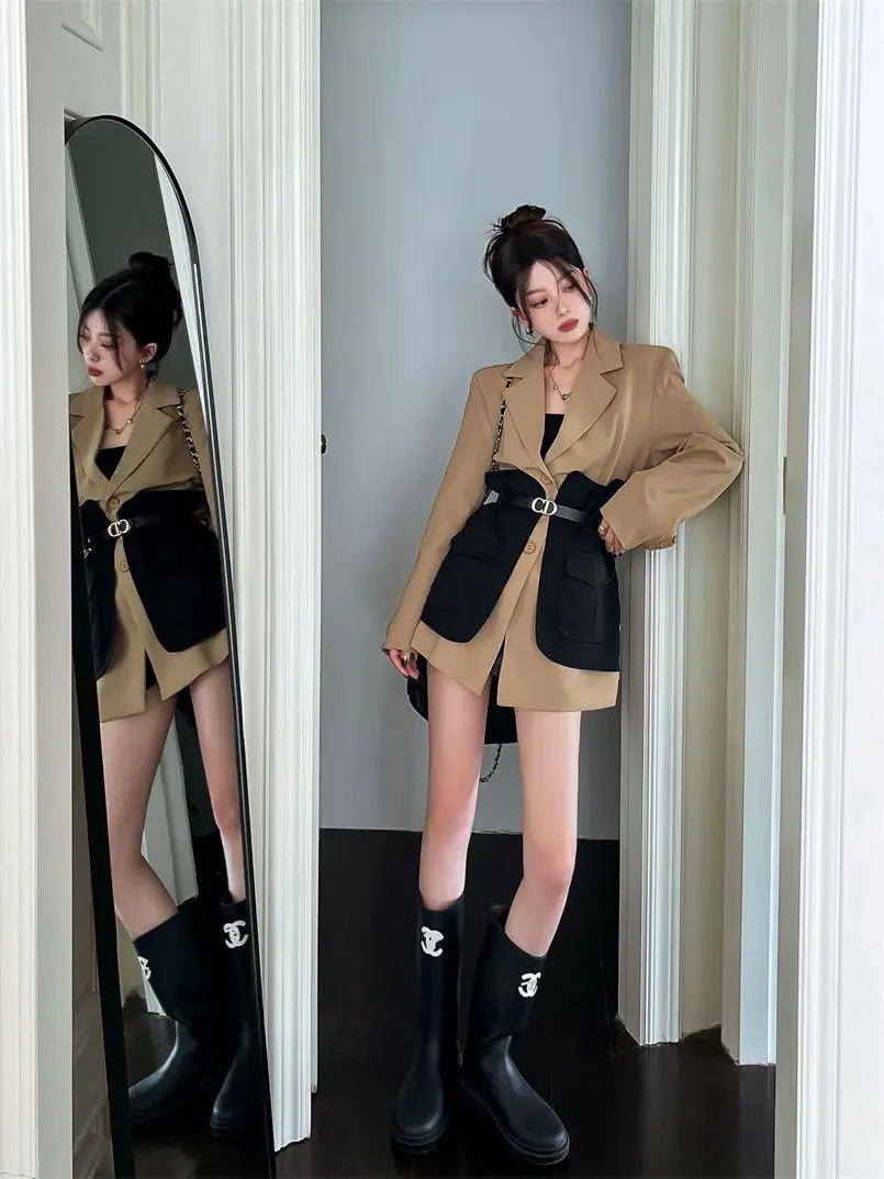 Original Design Blazer Women Fashion New Loose Spliced Pocket Korean Shrug Notched Single Breasted Blazer Mujer Femal with Belt