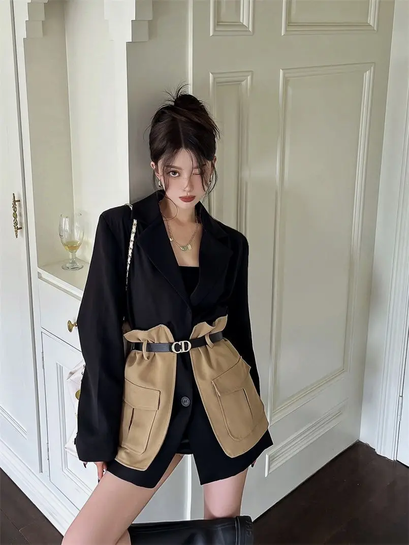Original Design Blazer Women Fashion New Loose Spliced Pocket Korean Shrug Notched Single Breasted Blazer Mujer Femal with Belt