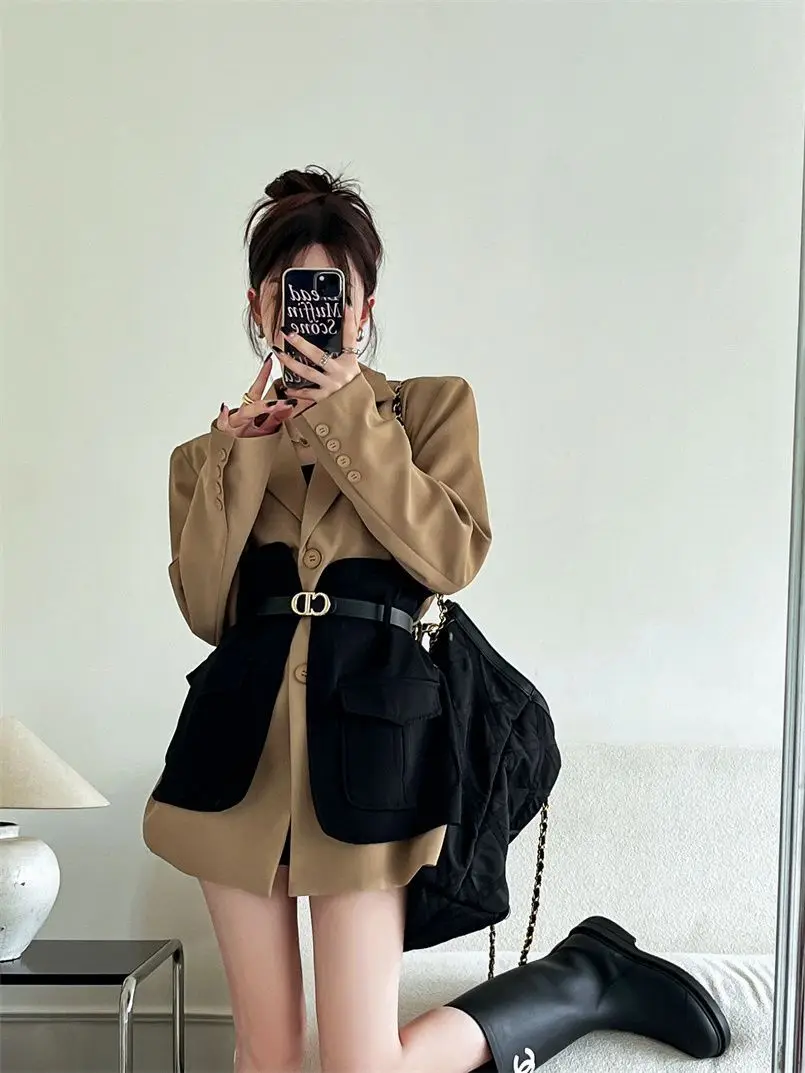 Original Design Blazer Women Fashion New Loose Spliced Pocket Korean Shrug Notched Single Breasted Blazer Mujer Femal with Belt