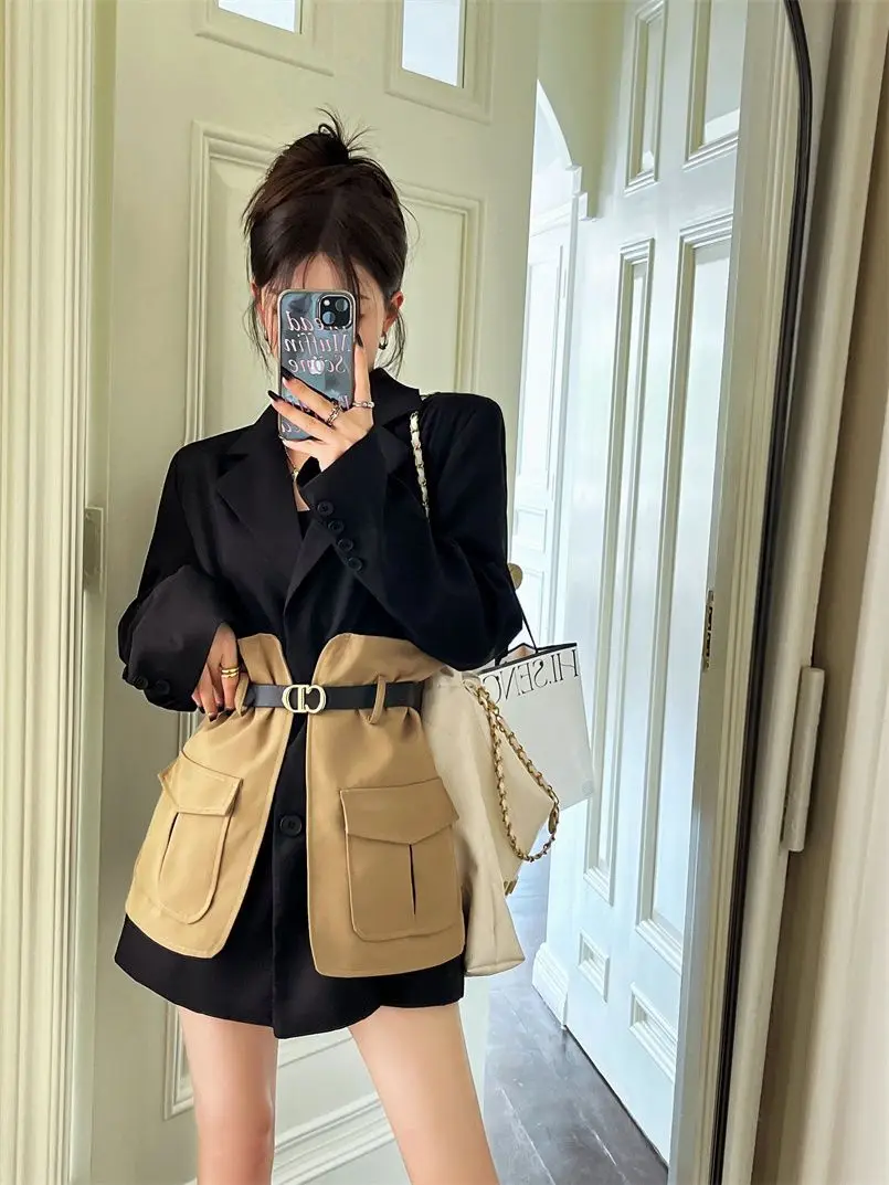 Original Design Blazer Women Fashion New Loose Spliced Pocket Korean Shrug Notched Single Breasted Blazer Mujer Femal with Belt