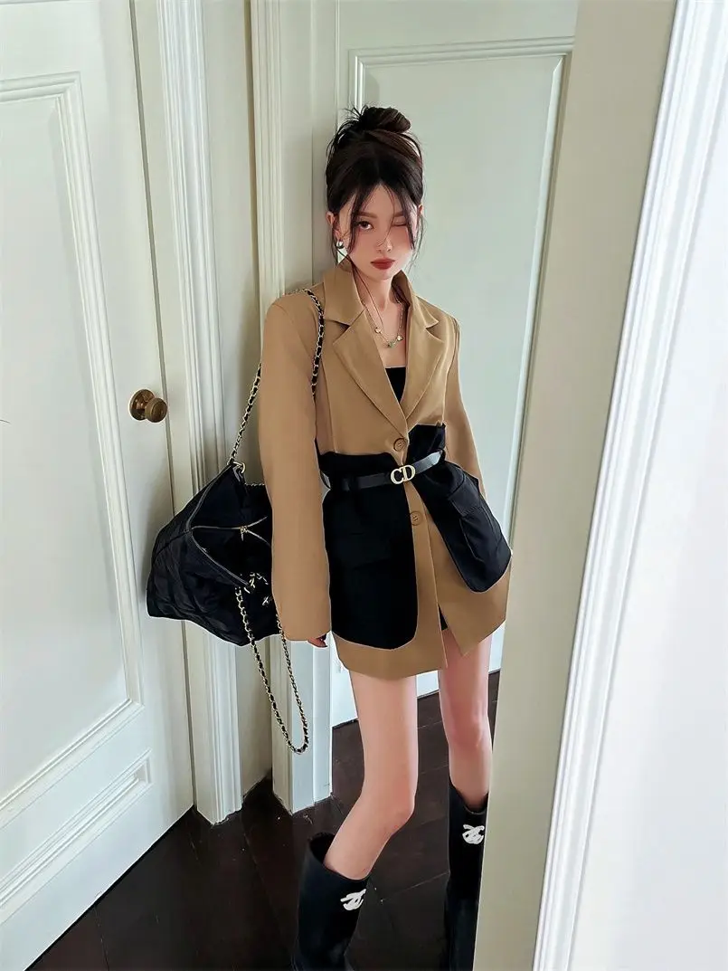 Original Design Blazer Women Fashion New Loose Spliced Pocket Korean Shrug Notched Single Breasted Blazer Mujer Femal with Belt