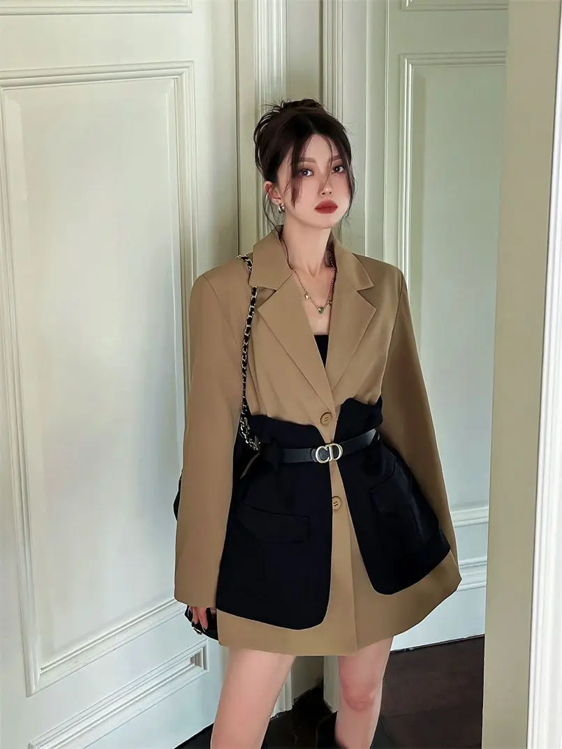 Original Design Blazer Women Fashion New Loose Spliced Pocket Korean Shrug Notched Single Breasted Blazer Mujer Femal with Belt