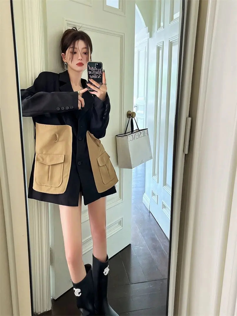 Original Design Blazer Women Fashion New Loose Spliced Pocket Korean Shrug Notched Single Breasted Blazer Mujer Femal with Belt
