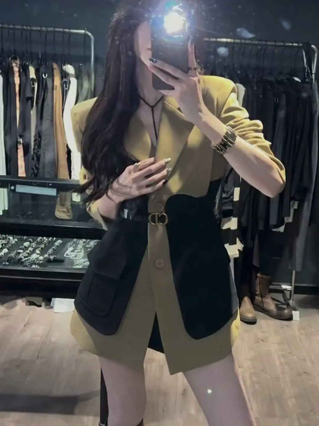 Original Design Blazer Women Fashion New Loose Spliced Pocket Korean Shrug Notched Single Breasted Blazer Mujer Femal with Belt