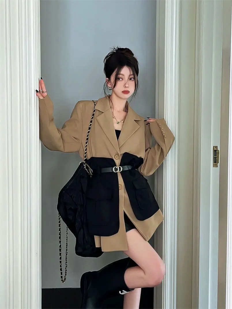 Original Design Blazer Women Fashion New Loose Spliced Pocket Korean Shrug Notched Single Breasted Blazer Mujer Femal with Belt