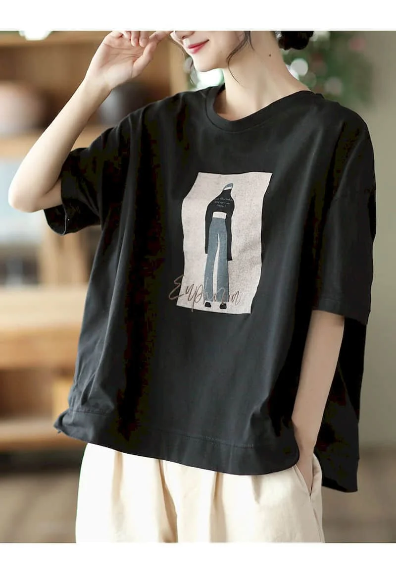 100% Cotton Loose T Shirt Women Fashion Retro Cartoon Print T-shirt Oversized Pullover Casual Short Sleeves TShirts Summer 2025