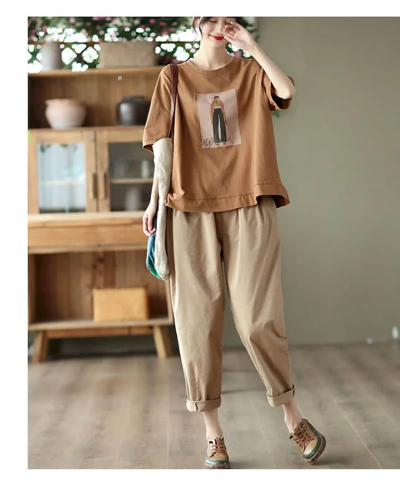 100% Cotton Loose T Shirt Women Fashion Retro Cartoon Print T-shirt Oversized Pullover Casual Short Sleeves TShirts Summer 2025