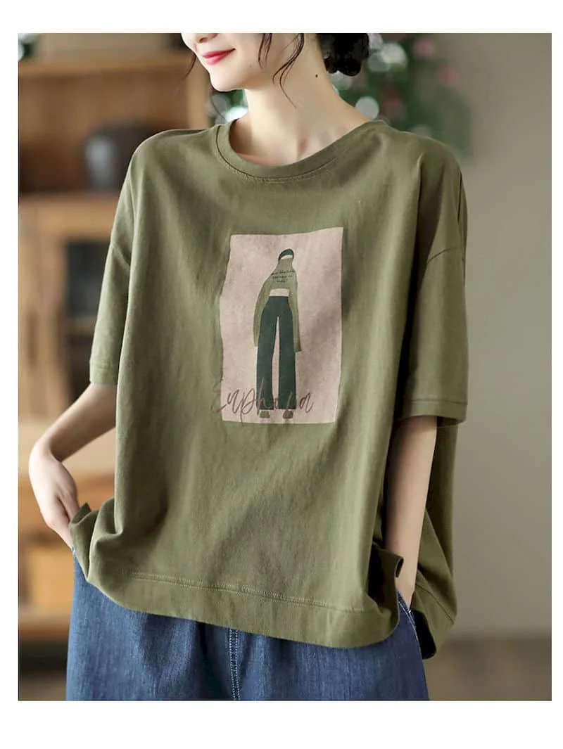 100% Cotton Loose T Shirt Women Fashion Retro Cartoon Print T-shirt Oversized Pullover Casual Short Sleeves TShirts Summer 2025