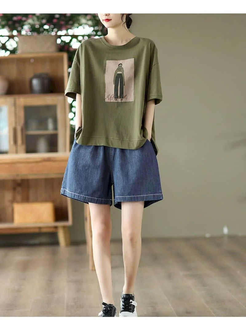 100% Cotton Loose T Shirt Women Fashion Retro Cartoon Print T-shirt Oversized Pullover Casual Short Sleeves TShirts Summer 2025