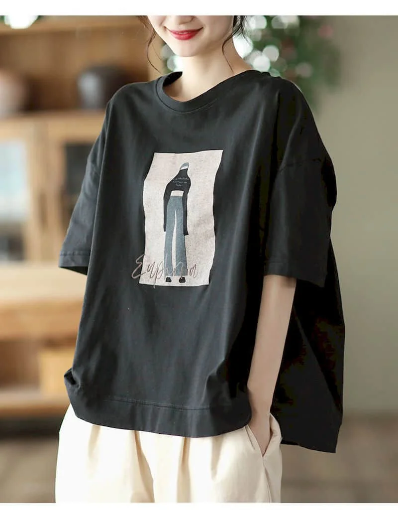 100% Cotton Loose T Shirt Women Fashion Retro Cartoon Print T-shirt Oversized Pullover Casual Short Sleeves TShirts Summer 2025
