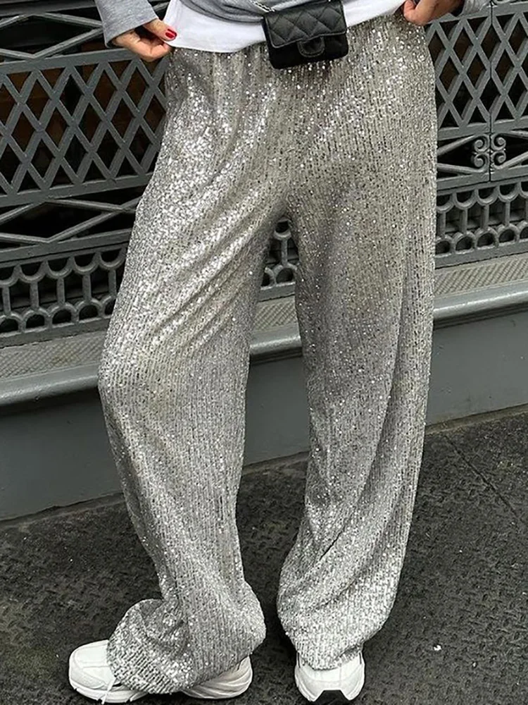 Office Lady Chic Slim All Season Pants Elegant Women Straight Sequined Patchwork Pants Outdoor Casual Long Pants 2026 Trousers