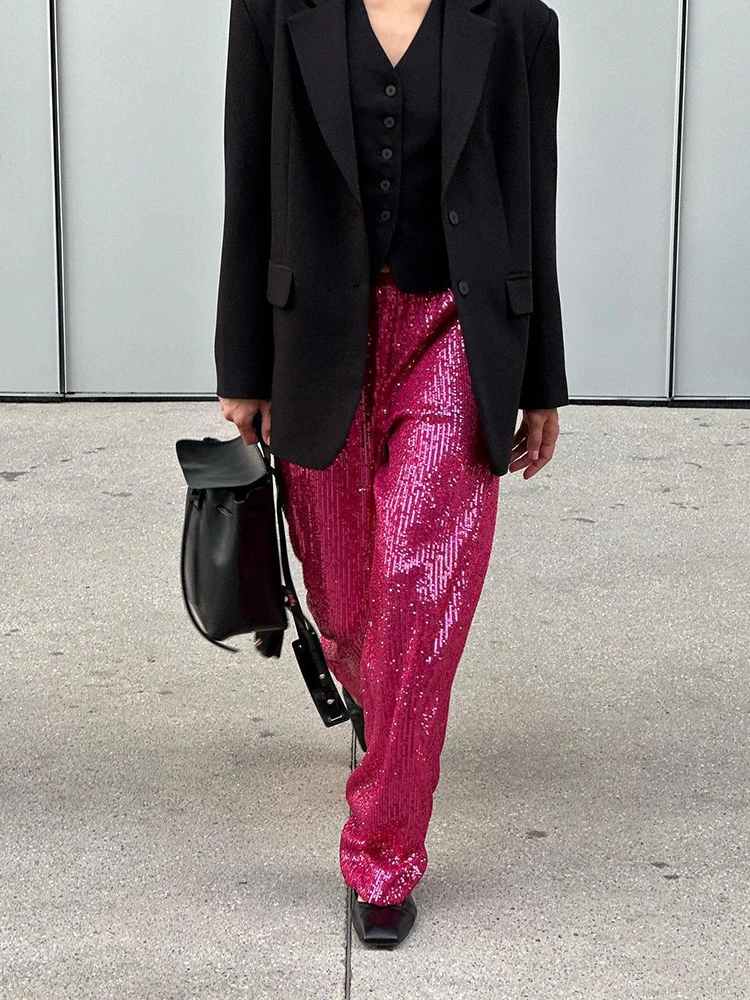 Office Lady Chic Slim All Season Pants Elegant Women Straight Sequined Patchwork Pants Outdoor Casual Long Pants 2026 Trousers