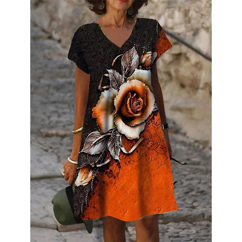 3D Red Rose Flower Dress Women Short Sleeve Floral Print Dresses Summer 2022 Casual Beach V-Neck Loose Oversized Ladies Sundress