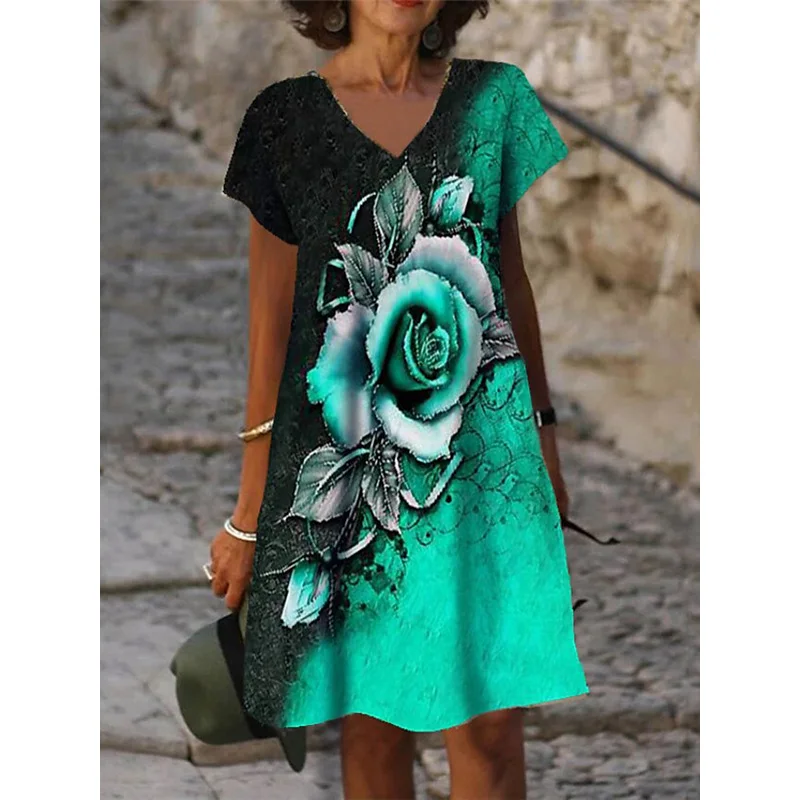 3D Red Rose Flower Dress Women Short Sleeve Floral Print Dresses Summer 2022 Casual Beach V-Neck Loose Oversized Ladies Sundress