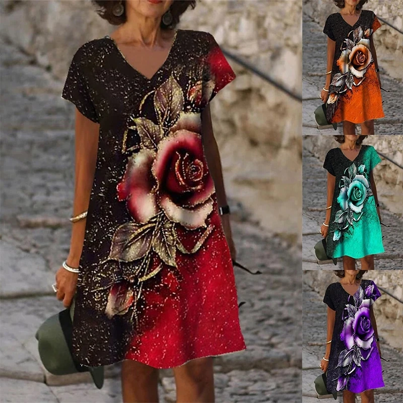3D Red Rose Flower Dress Women Short Sleeve Floral Print Dresses Summer 2022 Casual Beach V-Neck Loose Oversized Ladies Sundress