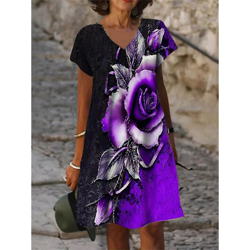 3D Red Rose Flower Dress Women Short Sleeve Floral Print Dresses Summer 2022 Casual Beach V-Neck Loose Oversized Ladies Sundress