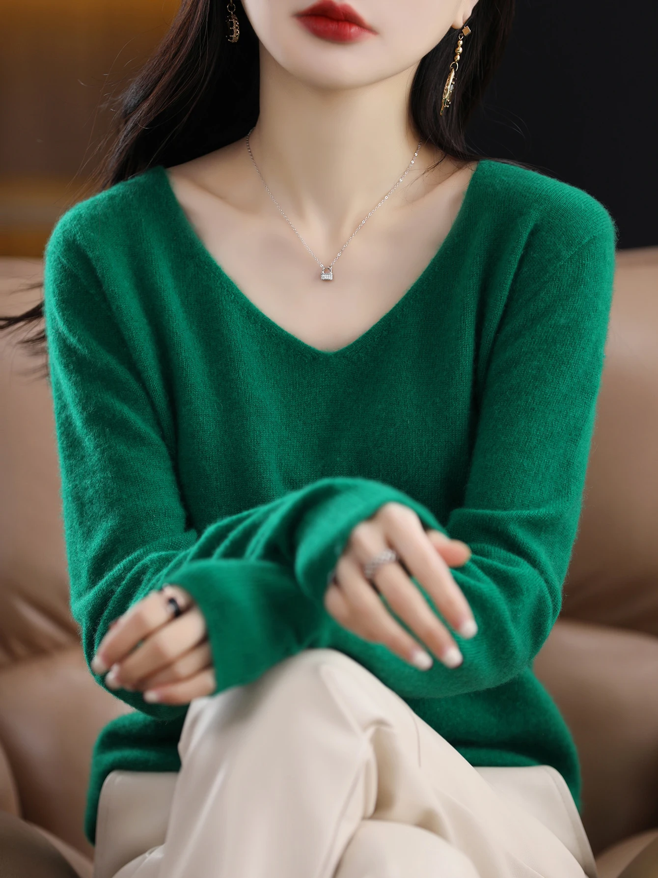 Sweater for Women 100% Merino Wool V Neck Sweater Fall Winter Basic Warm Pullovers Long Sleeve Soft Knit Jumpers Female Clothing