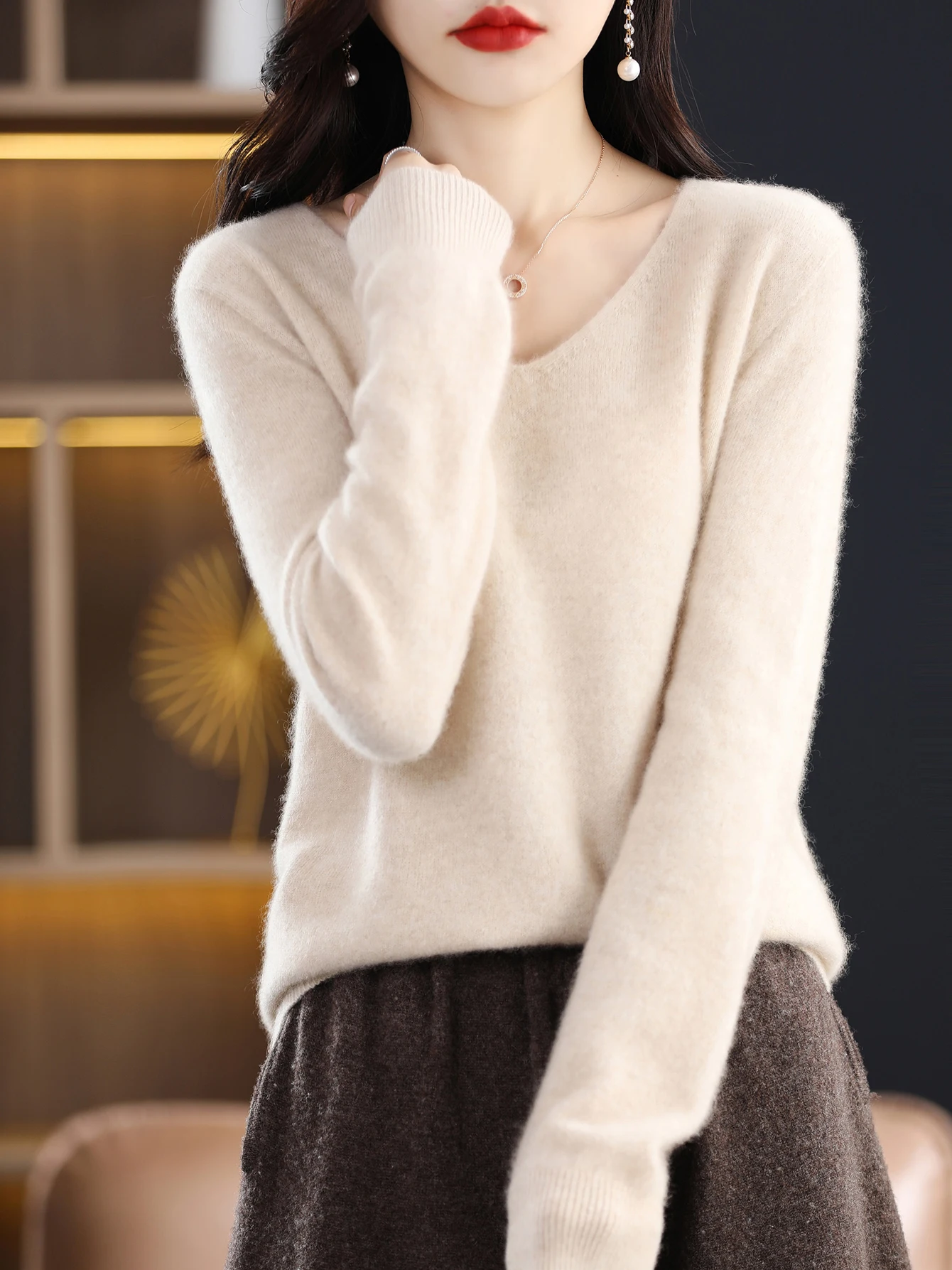 Sweater for Women 100% Merino Wool V Neck Sweater Fall Winter Basic Warm Pullovers Long Sleeve Soft Knit Jumpers Female Clothing
