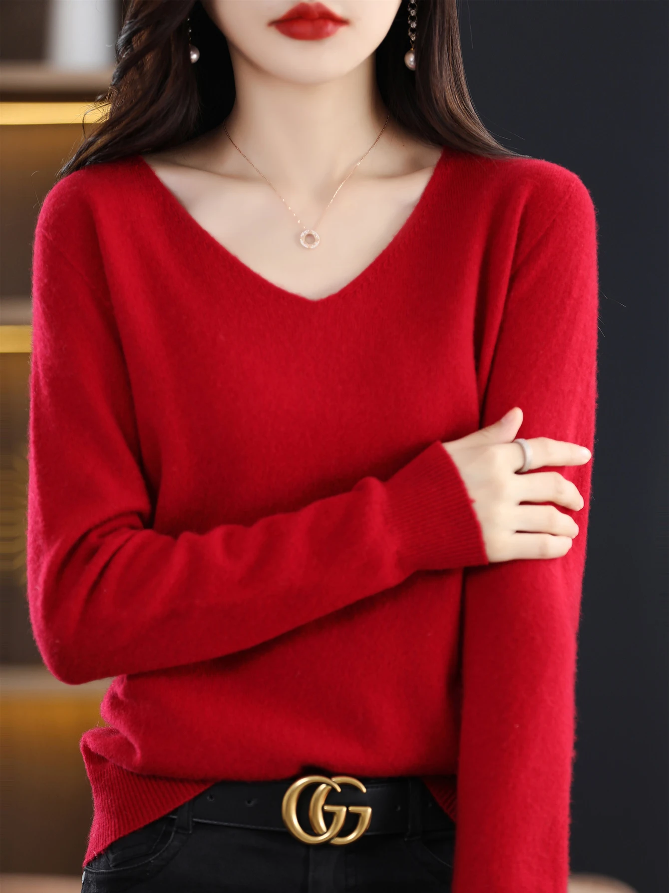 Sweater for Women 100% Merino Wool V Neck Sweater Fall Winter Basic Warm Pullovers Long Sleeve Soft Knit Jumpers Female Clothing