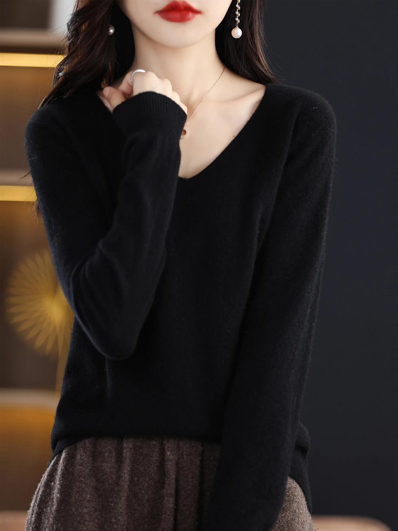 Sweater for Women 100% Merino Wool V Neck Sweater Fall Winter Basic Warm Pullovers Long Sleeve Soft Knit Jumpers Female Clothing