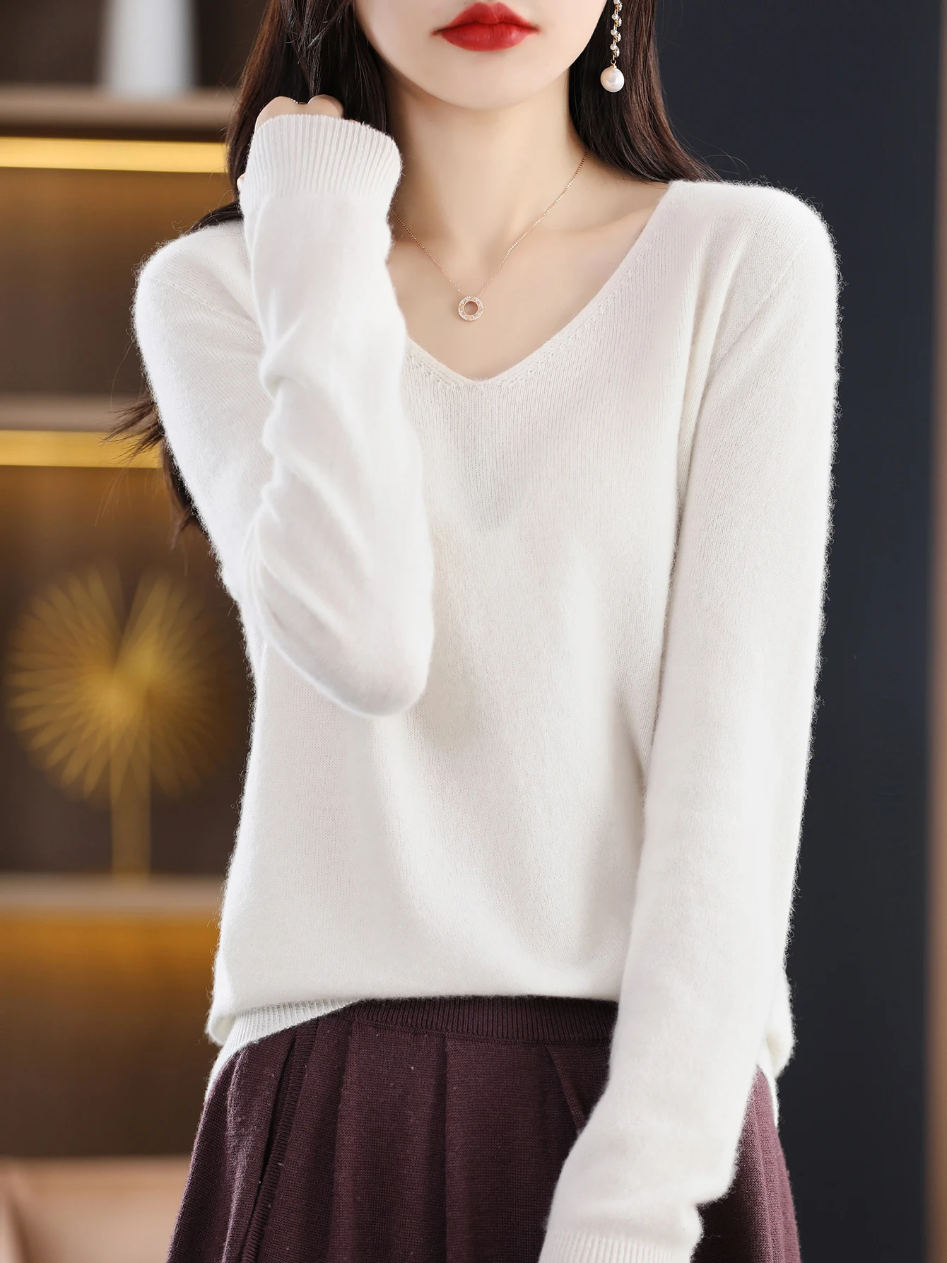 Sweater for Women 100% Merino Wool V Neck Sweater Fall Winter Basic Warm Pullovers Long Sleeve Soft Knit Jumpers Female Clothing