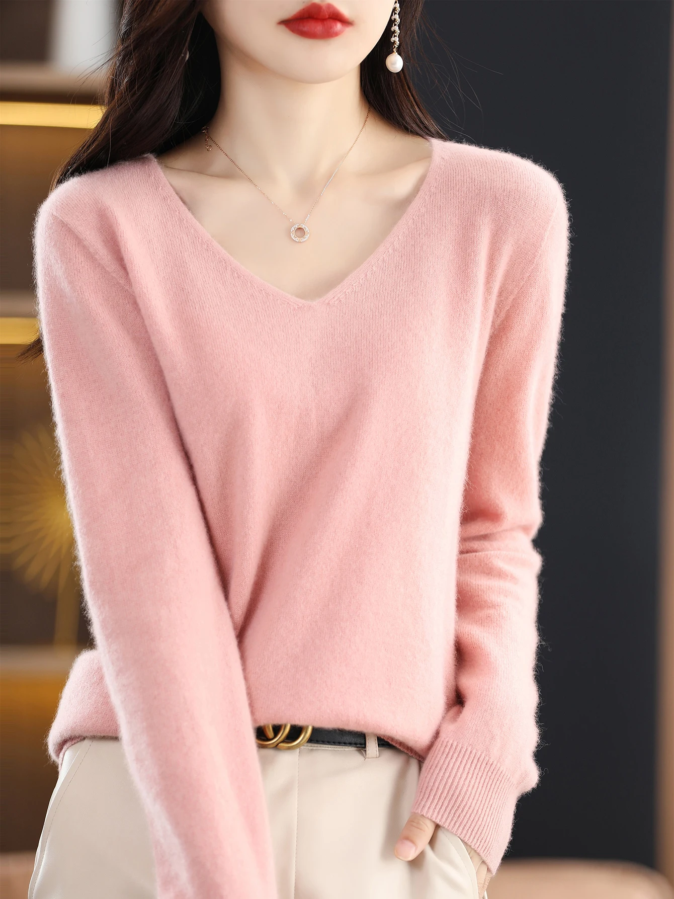 Sweater for Women 100% Merino Wool V Neck Sweater Fall Winter Basic Warm Pullovers Long Sleeve Soft Knit Jumpers Female Clothing