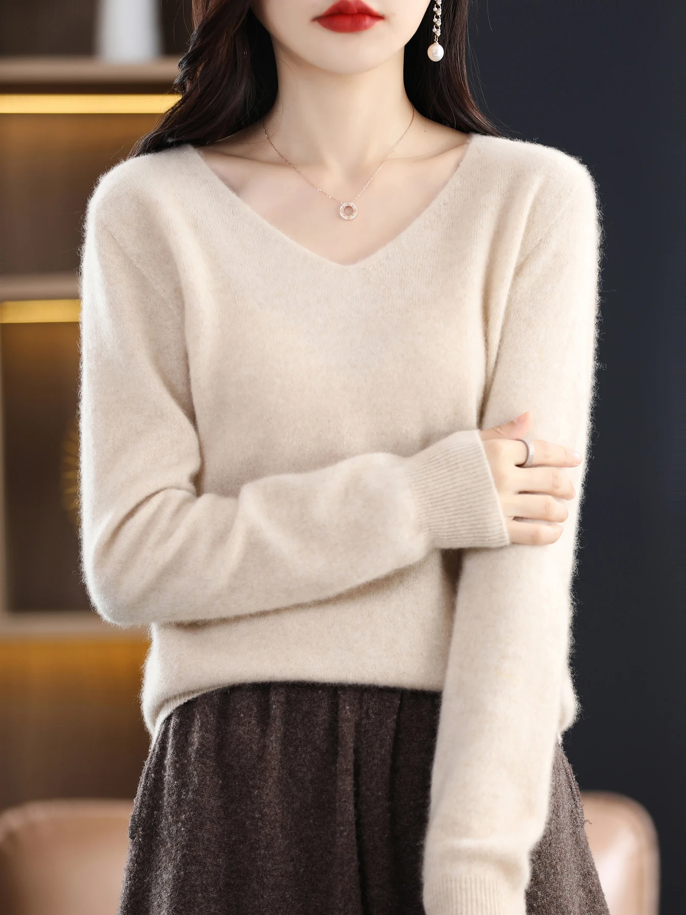 Sweater for Women 100% Merino Wool V Neck Sweater Fall Winter Basic Warm Pullovers Long Sleeve Soft Knit Jumpers Female Clothing