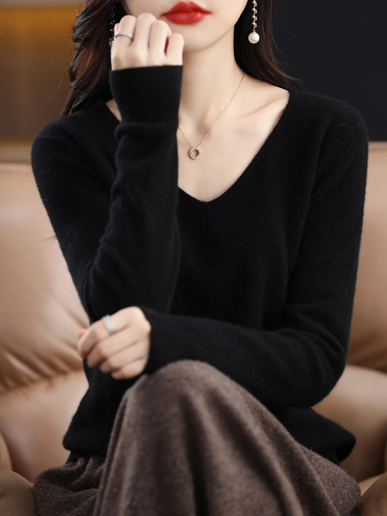 Sweater for Women 100% Merino Wool V Neck Sweater Fall Winter Basic Warm Pullovers Long Sleeve Soft Knit Jumpers Female Clothing
