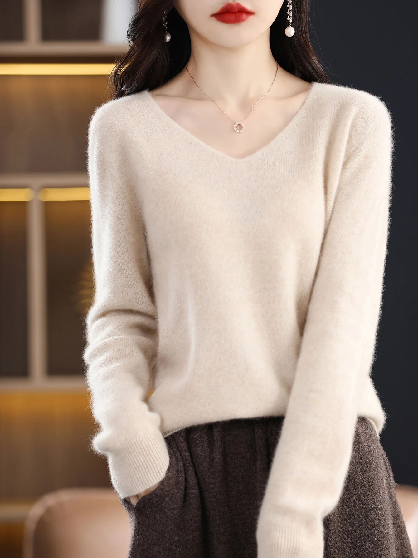 Sweater for Women 100% Merino Wool V Neck Sweater Fall Winter Basic Warm Pullovers Long Sleeve Soft Knit Jumpers Female Clothing