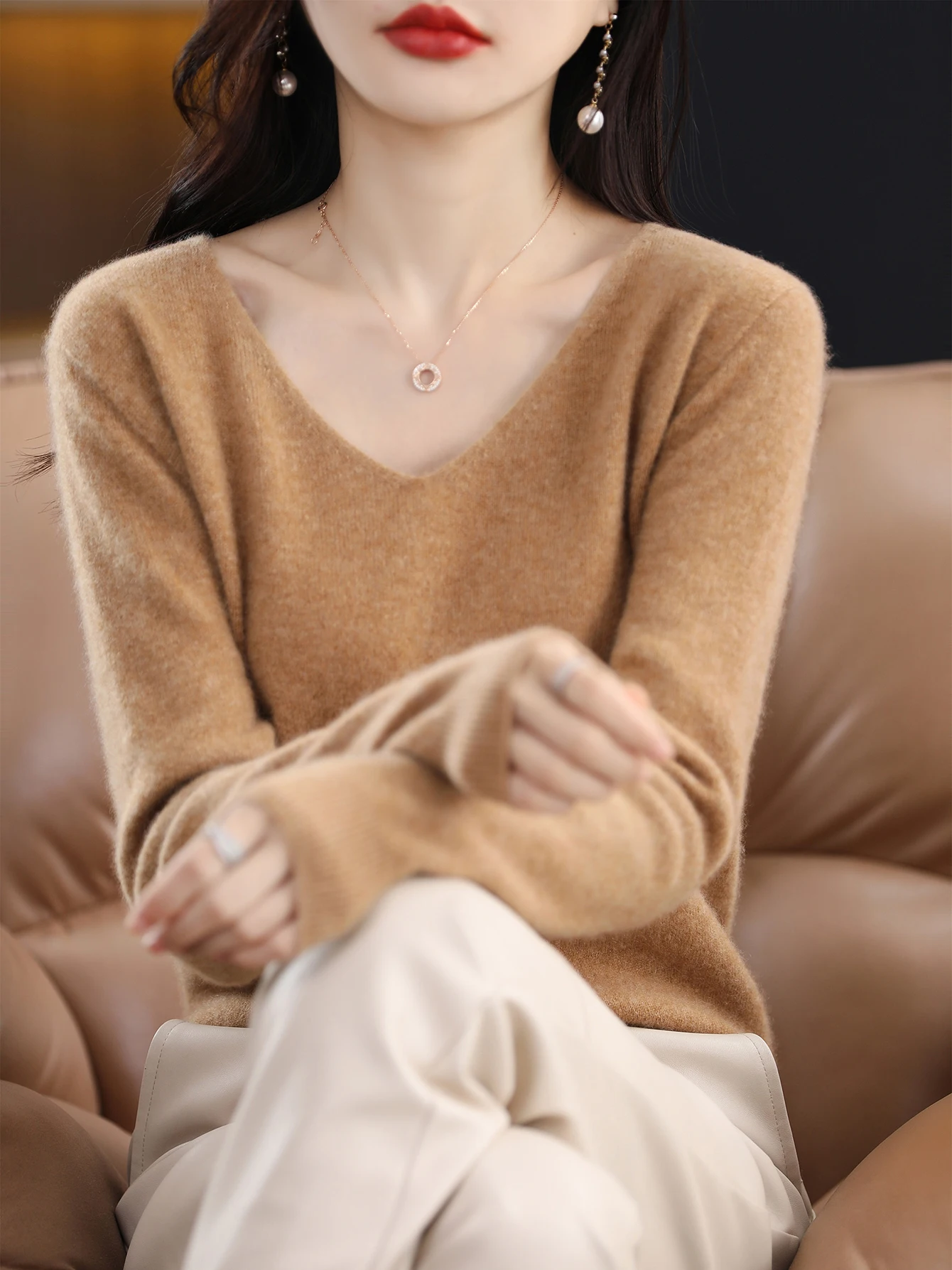 Sweater for Women 100% Merino Wool V Neck Sweater Fall Winter Basic Warm Pullovers Long Sleeve Soft Knit Jumpers Female Clothing
