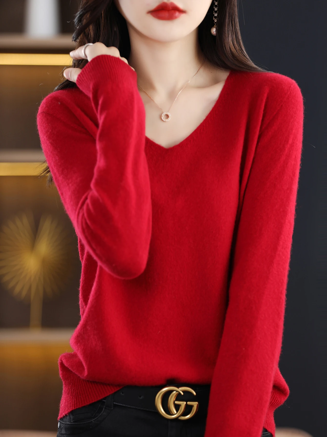 Sweater for Women 100% Merino Wool V Neck Sweater Fall Winter Basic Warm Pullovers Long Sleeve Soft Knit Jumpers Female Clothing