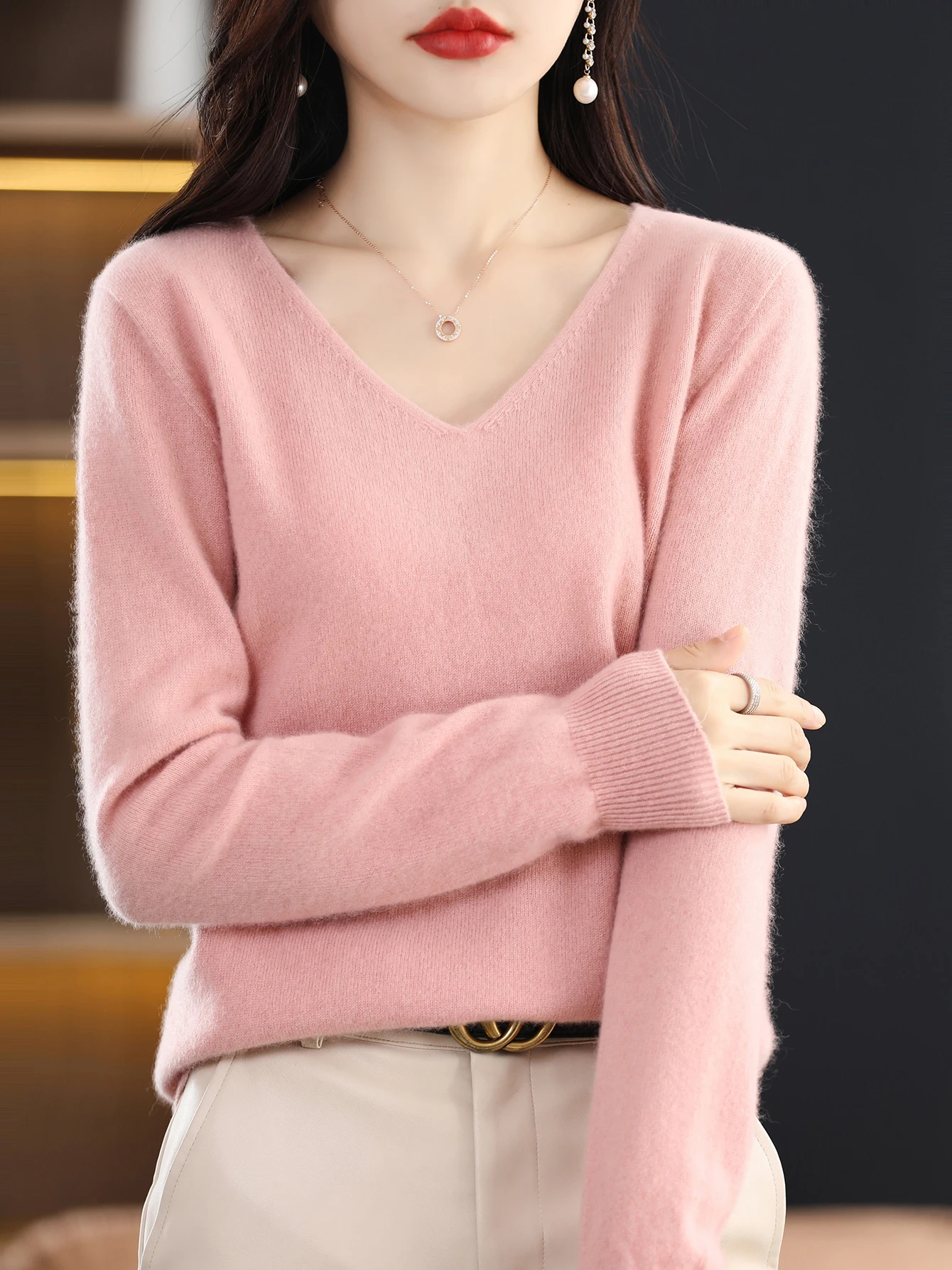 Sweater for Women 100% Merino Wool V Neck Sweater Fall Winter Basic Warm Pullovers Long Sleeve Soft Knit Jumpers Female Clothing