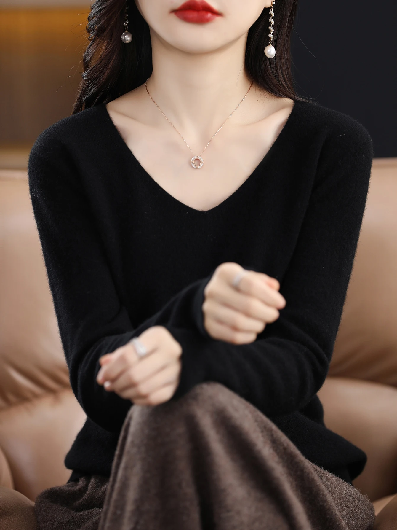 Sweater for Women 100% Merino Wool V Neck Sweater Fall Winter Basic Warm Pullovers Long Sleeve Soft Knit Jumpers Female Clothing