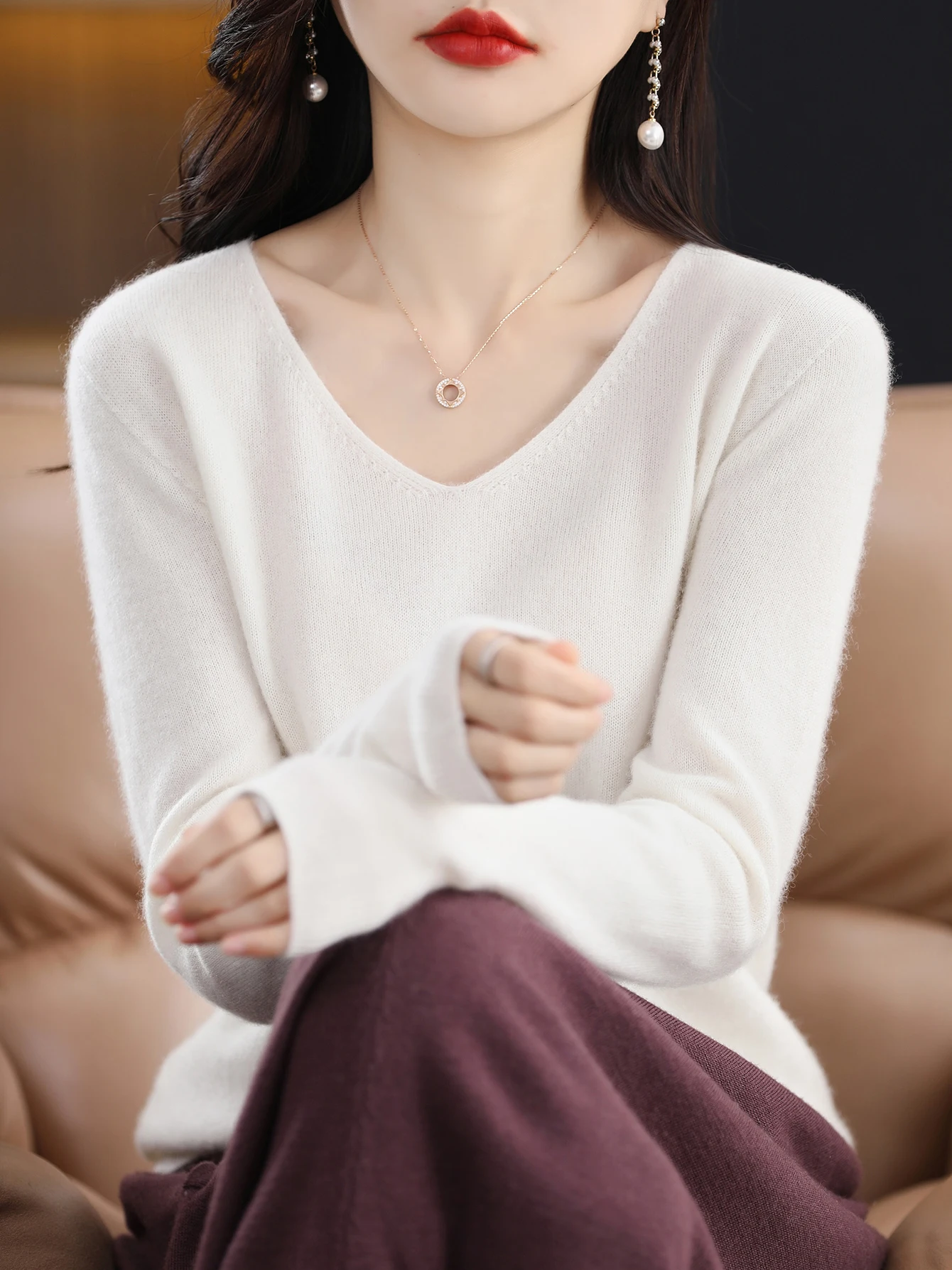 Sweater for Women 100% Merino Wool V Neck Sweater Fall Winter Basic Warm Pullovers Long Sleeve Soft Knit Jumpers Female Clothing