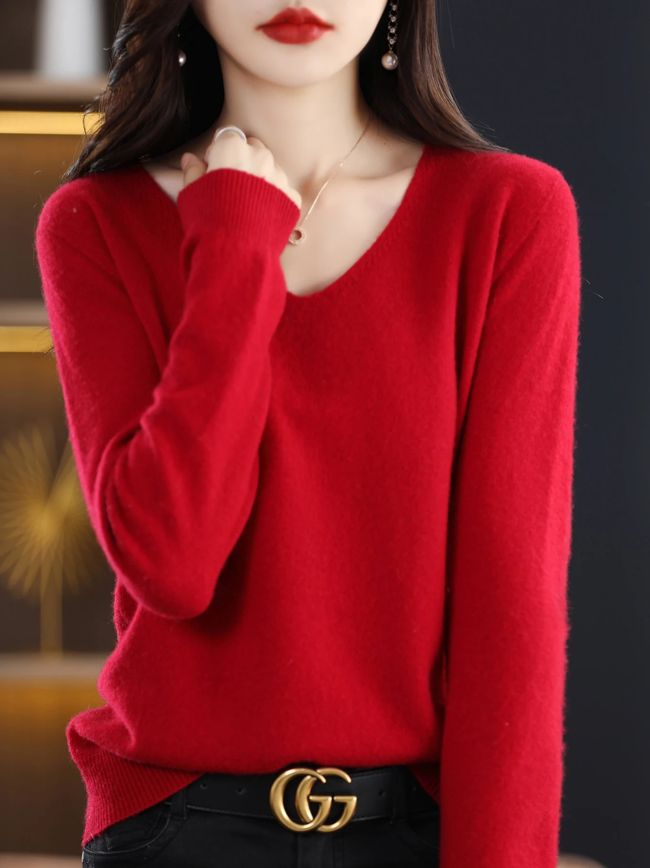 Sweater for Women 100% Merino Wool V Neck Sweater Fall Winter Basic Warm Pullovers Long Sleeve Soft Knit Jumpers Female Clothing