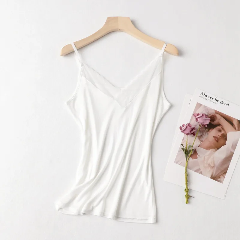 NEW 2023 Summer 100% Natural Mulberry Silk Strap Top Women V-Neck White and Black Vest Sleeveless Lace Tank Tops Ladies Camisole
